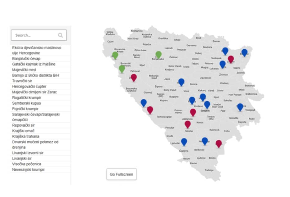 Published interactive map of protected domestic products in BiH