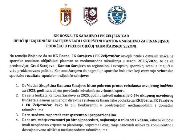 The three largest Sarajevo club together referred four requirements to the authorities in the KS