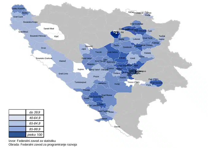 How many students goes to primary schools in FBiH: Tešanj and Municipality Center have the best indicators