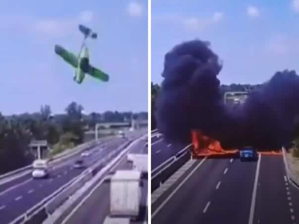 The small plane crashed on the highway, the surveillance cameras recorded a tragedy