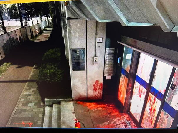 Israeli Embassy in Netherlands Izarans red, smashed glass
