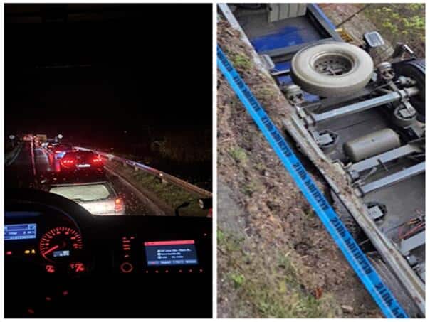 An overturned truck on the Lašva – Vitez road