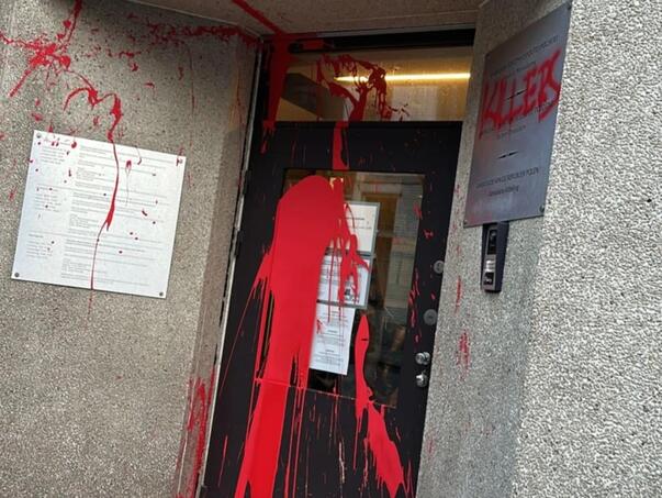 Vandals sprayed the Polish consulate in Brussels with red paint