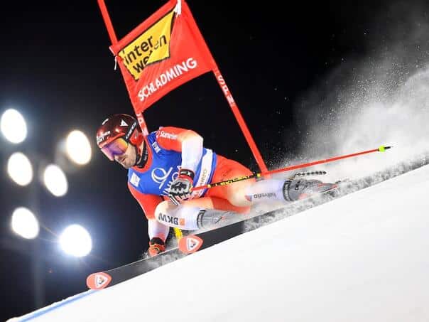 Loic Meillard the winner of the evening giant slalom in Schladming