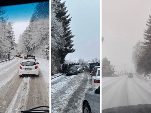 Slow traffic due to snow on many sections, drive carefully
