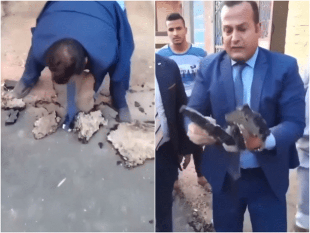 An oppositionist demolished the asphalt with his bare hands, claiming that it was made of "goat excrement"